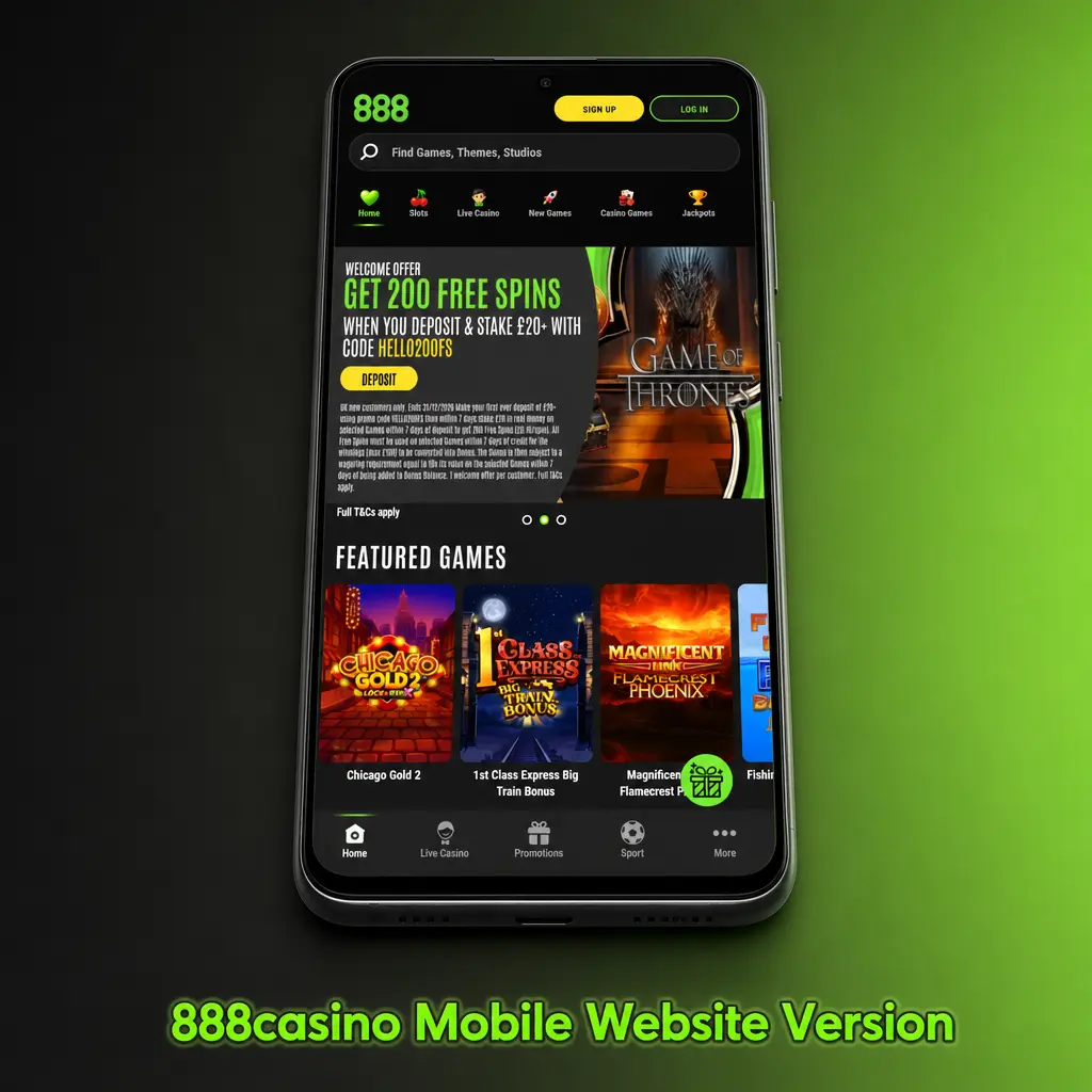 888casino mobile website on a smartphone browser showing sports betting and casino games without app installation