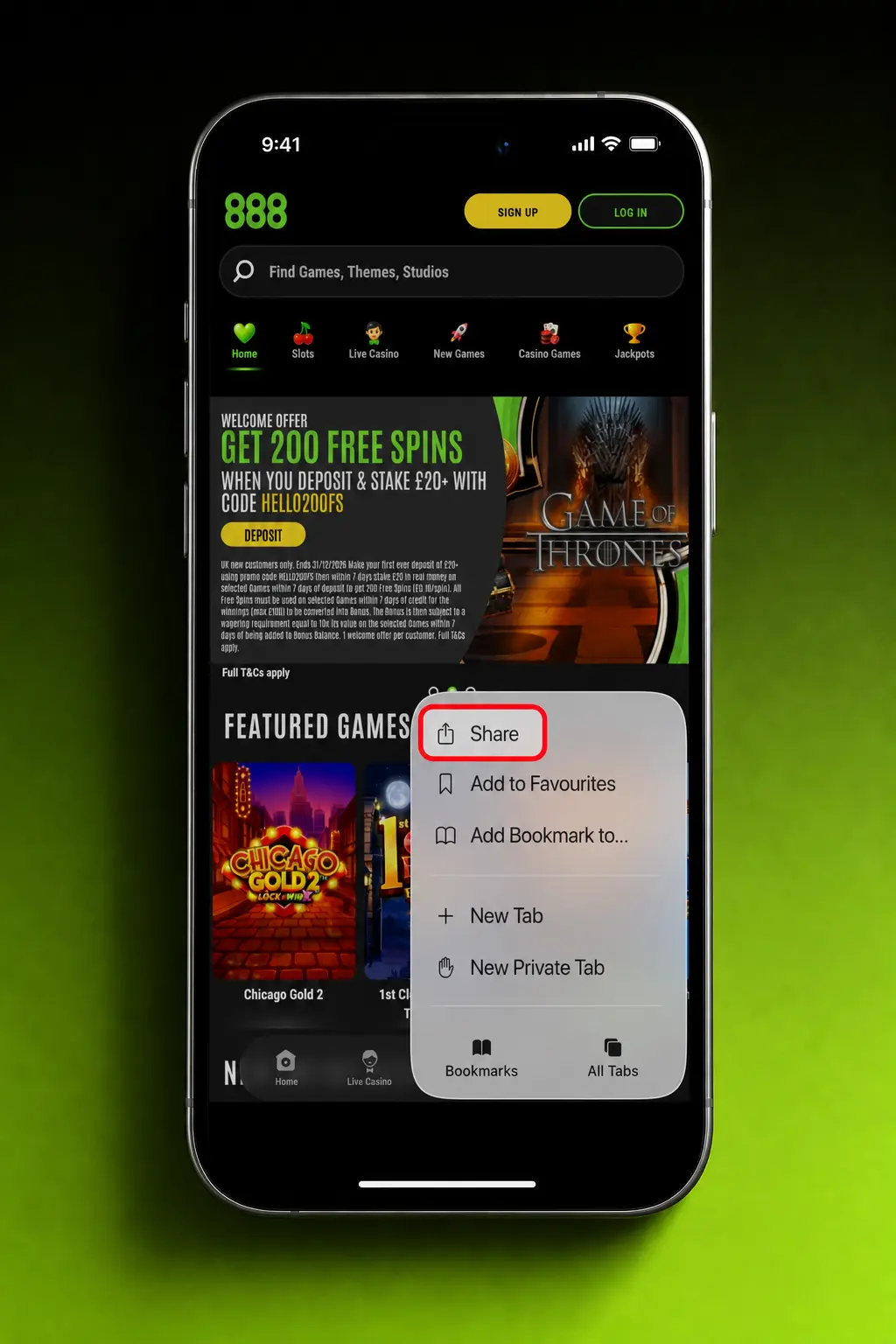 Step-by-step guide showing how to download and install the 888casino app on iOS using Safari's Add to Home Screen feature.