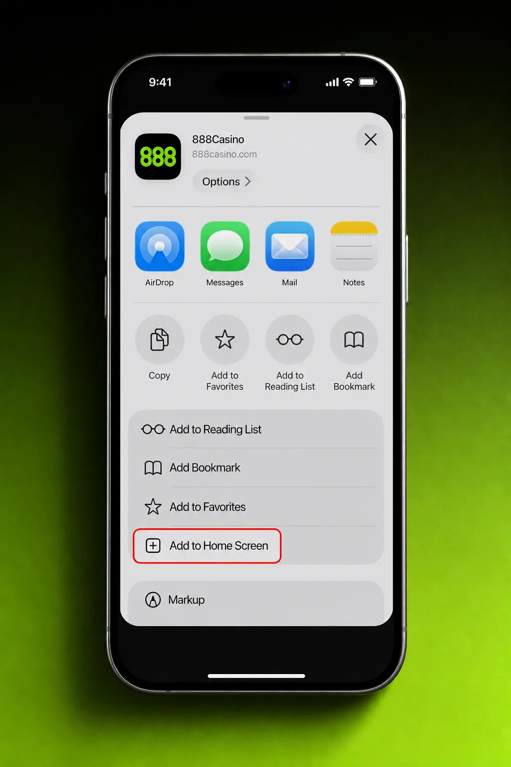 Step-by-step guide showing how to download and install the 888casino app on iOS via Safari and Add to Home Screen.