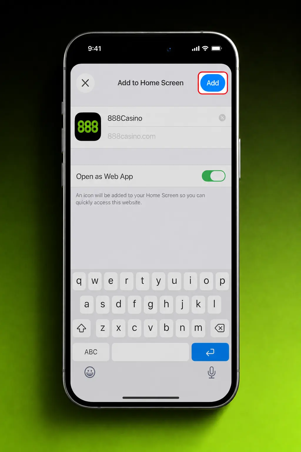 Step-by-step guide showing how to download and install the 888casino app on iOS using Safari's Add to Home Screen feature.