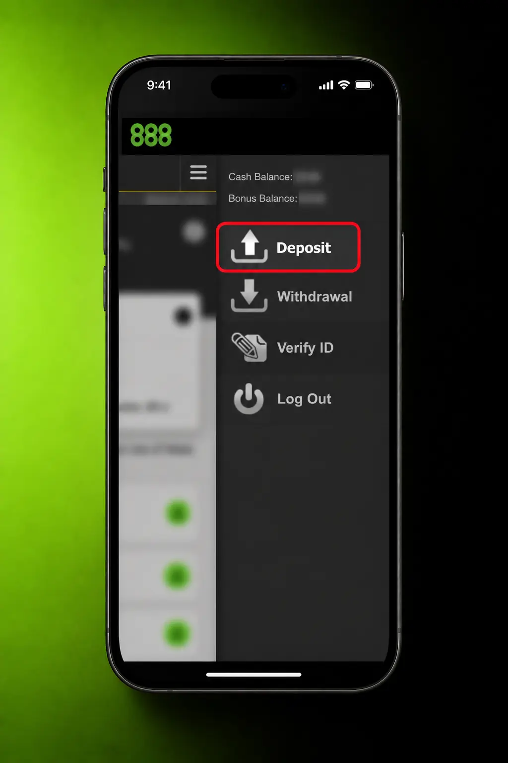Step-by-step screenshot showing how to make a deposit on 888casino in the United Kingdom via the Cashier section.