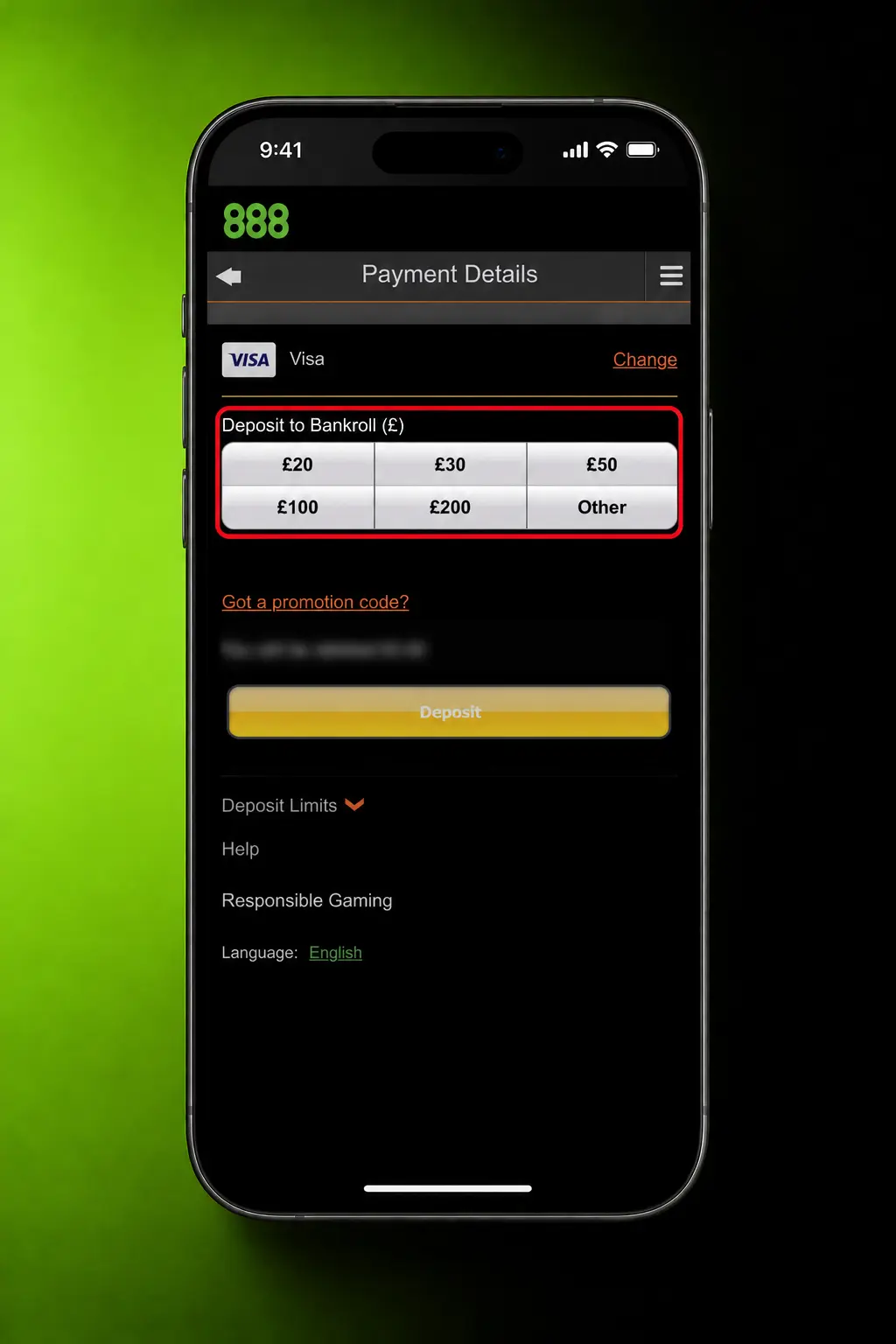 Step-by-step screenshot showing how to make a deposit at 888casino in the United Kingdom via the Cashier section.