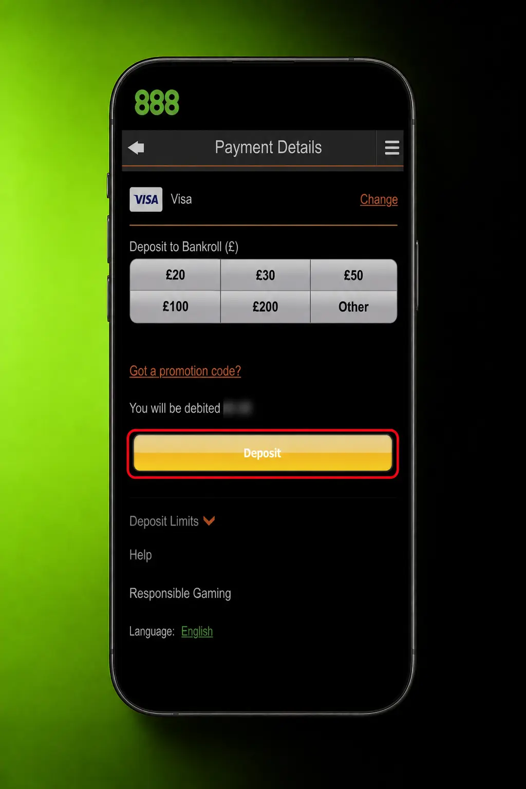 Step-by-step screenshot showing how to make a deposit on 888casino using the Cashier section in the UK.