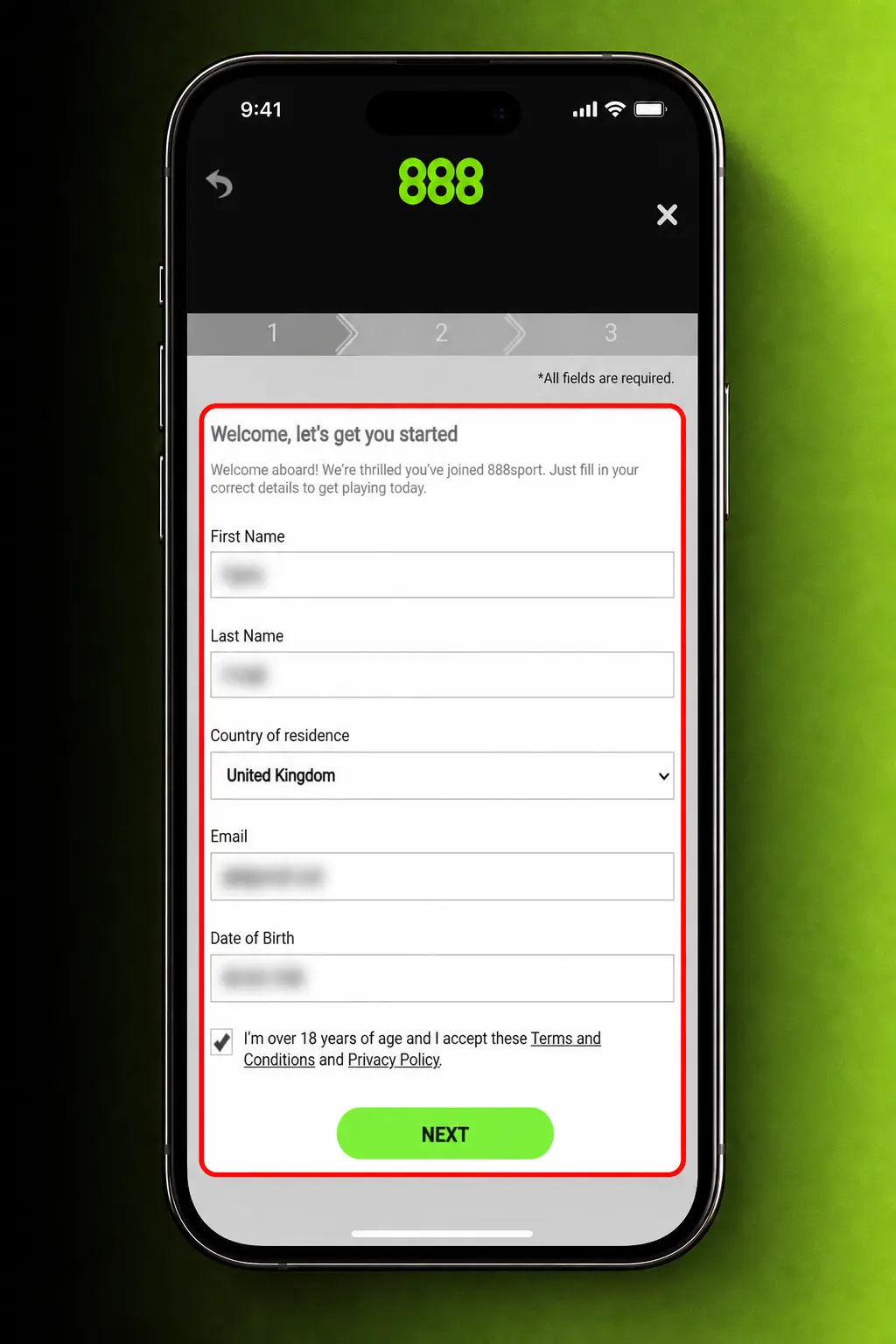 Step-by-step 888casino sign-up screen showing registration form fields for email, password, and personal details.