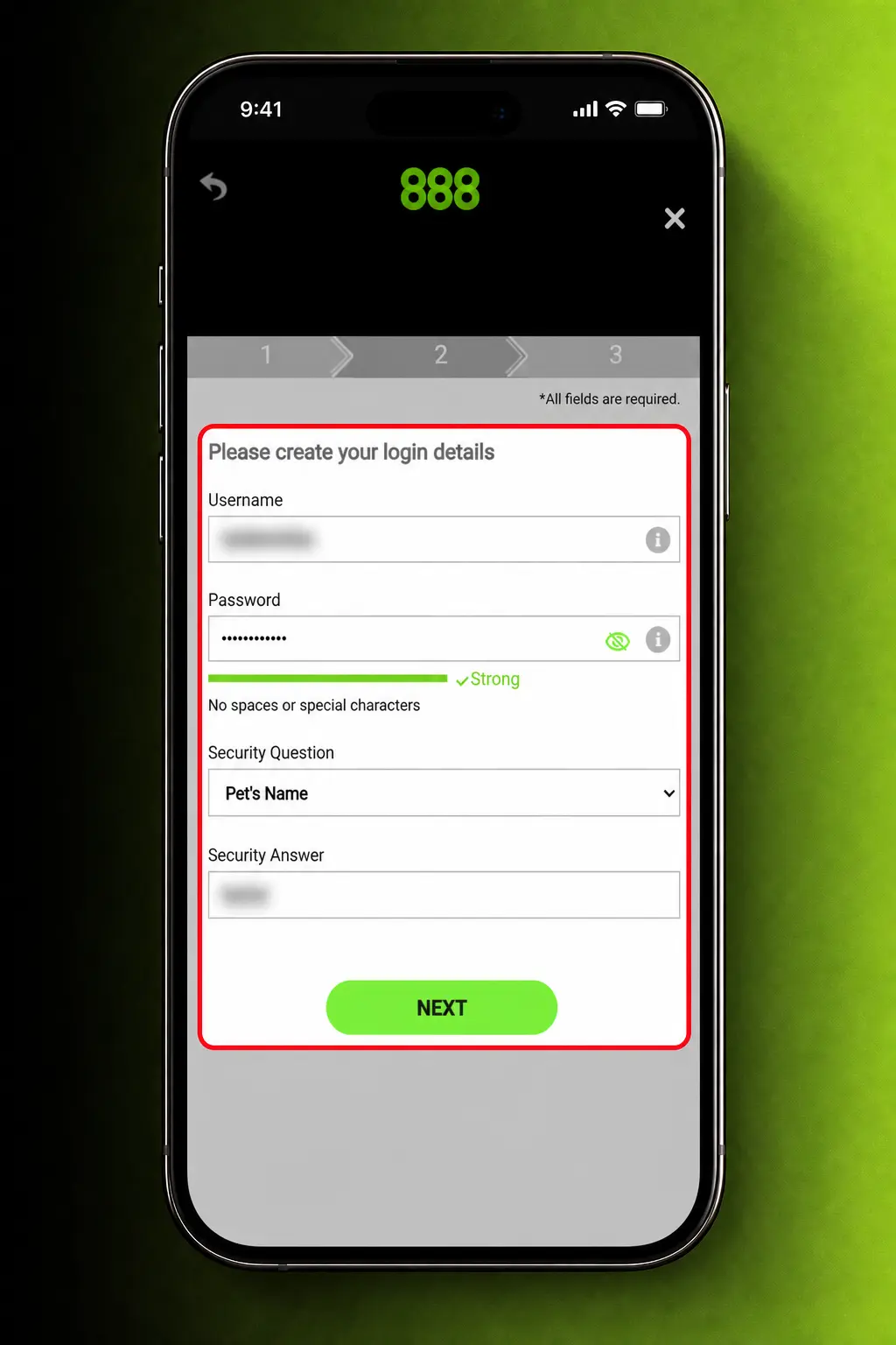 Step-by-step screenshot showing how to sign up and register a new account with 888casino