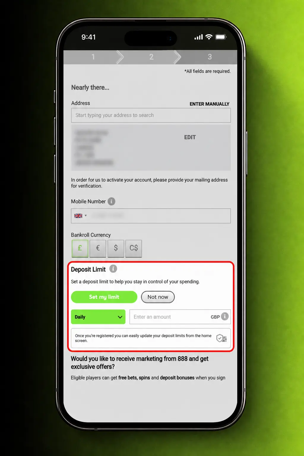 Step-by-step 888casino sign-up screen showing registration form fields for email, password and personal details