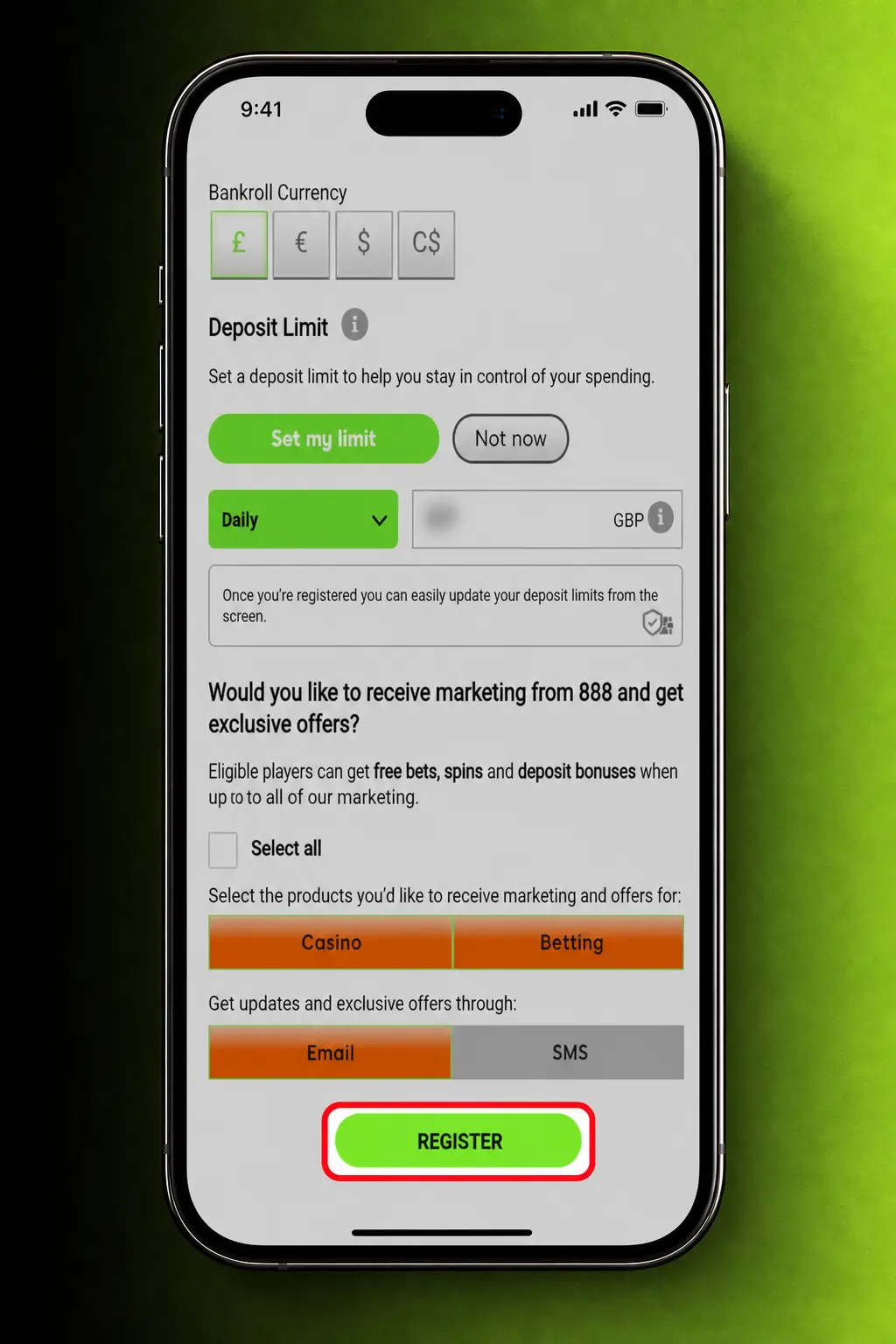 Step-by-step 888casino sign-up screen showing registration form fields for email, password and personal details.