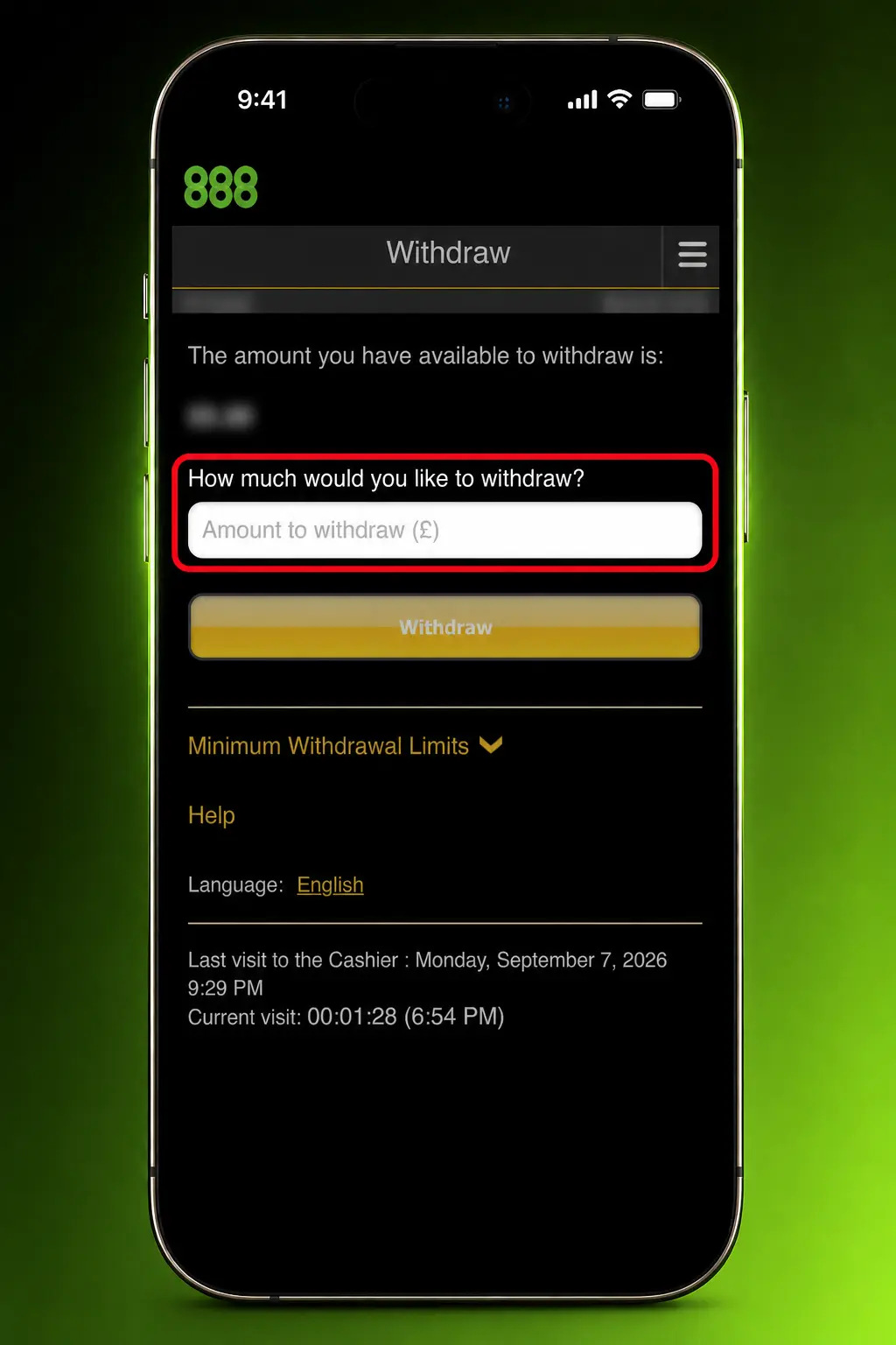 Step-by-step guide showing how to withdraw money from your 888casino account via the Cashier section