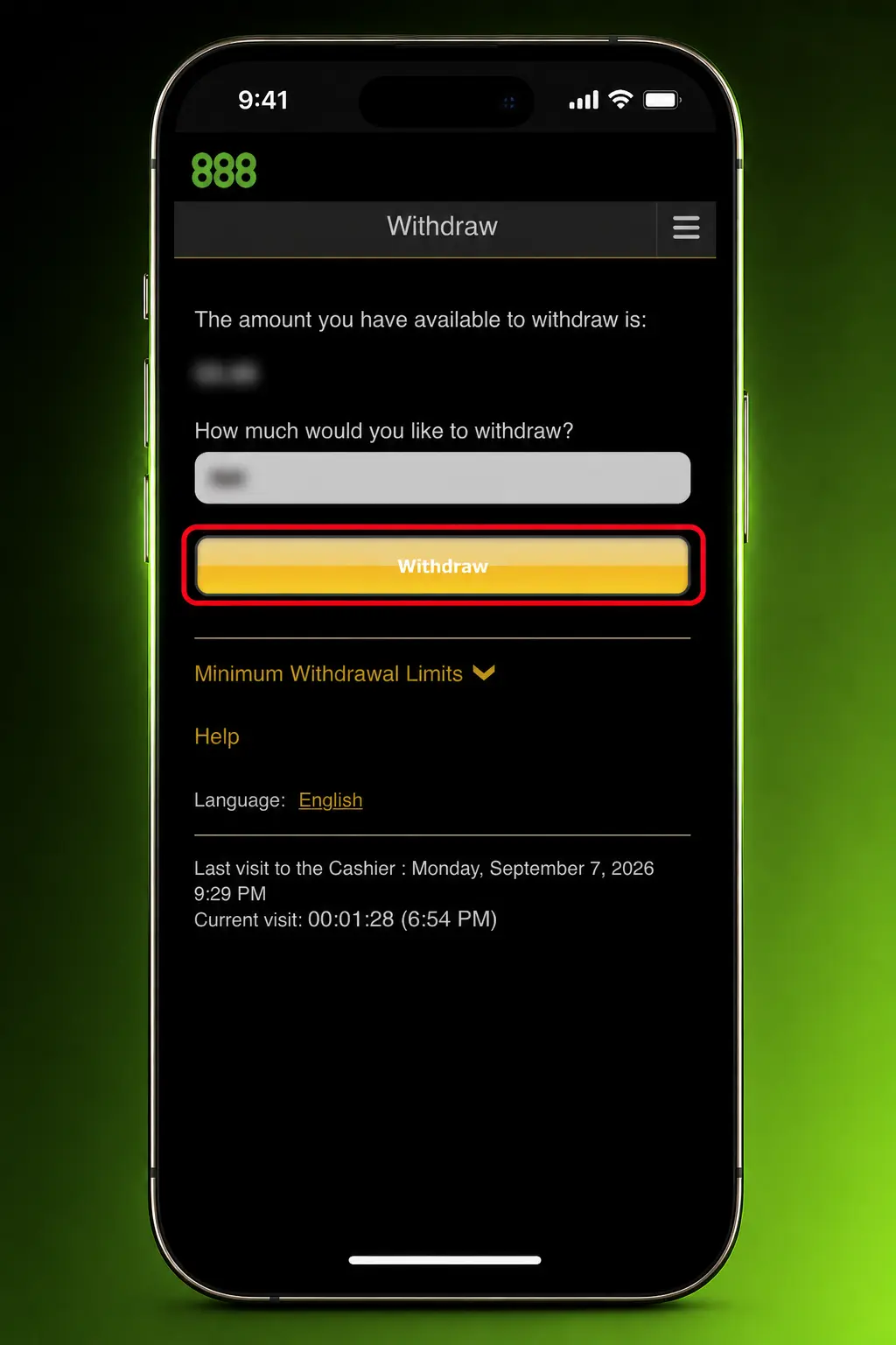 Step-by-step guide showing how to withdraw money from your 888casino account via the Cashier section