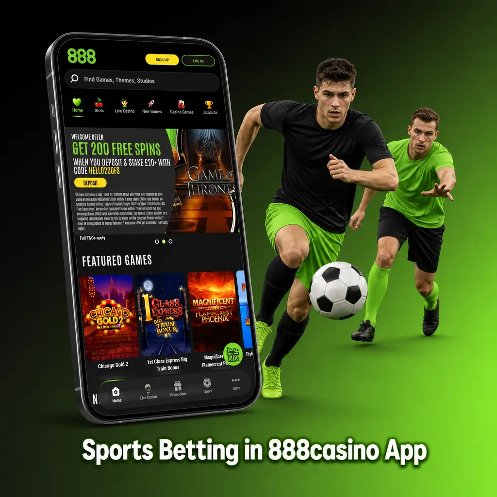 Sports betting in the 888casino app showing Football, Horse Racing, Tennis and other markets for UK players